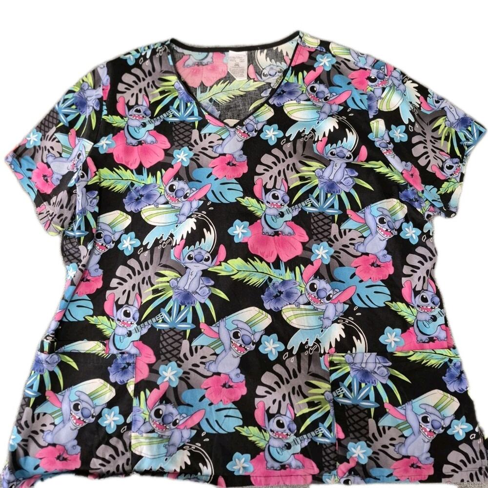 Cherokee Tooniforms Lilo & Stitch "Surfin' Stitch" Print Scrub Top Womens 2XL